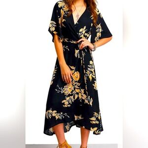 Amazon Black Floral Wrap Midi Dress with Mustard Yellow Accents